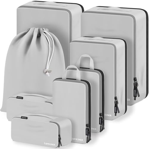 Lumesner - Set di 8 cubi da viaggio per valigie da trasporto, organizer a compressione e cubi da viaggio (8 pezzi, grigio)