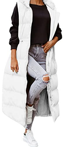 Tunique à manches longues pour femme - Manteau d'hiver sans manches - Manteau long à capuche chaud avec poches - Veste d'extérieur matelassée avec fermeture éclair - Pull long chaud et pelucheux pour