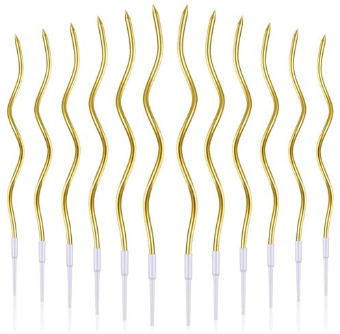 Gold Spiral Birthday Candles for Cakes, Pack of 12 Pieces Long Twisty Gold Party Candles with Candle Holders, Tall Candles for Wedding, Birthday, Party Decorations, Anniversary and Meetups