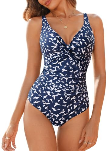 loginsummer Badeanzug Damen Bauchweg, Einteilige Push Up Bademode mit V Ausschnitt, Rüschen Schlankheits Monokinis, Große Größe Badebekleidung（NB,EU42）