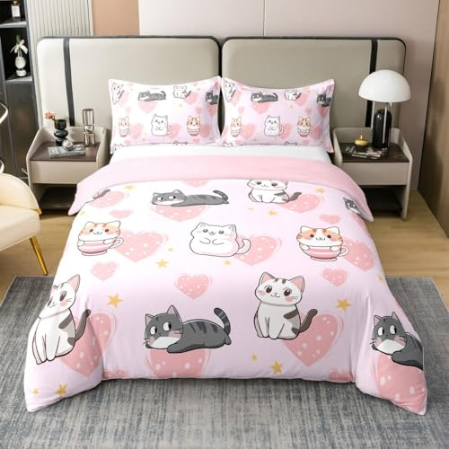 Cartoon Katze 100% Baumwolle Bettbezug für Jungen Mädchen,Schöne Katzen Bettwäsche Set 135x200,Liebe Herz Bett Sets,Nette Kätzchen Haustier Tier Bettbezug mit 1 Kissenbezug Atmungsaktiv,Kein Tröster