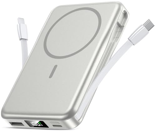 Powerbank für MagSafe, Magnetische Power Bank 10000mAh, PD 20W Schnellladung Kabellose Powerbank mit Integrierten Kabeln, Tragbares Ladegerät - Beige