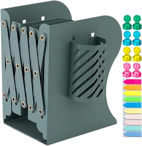 Verstellbare Buchstütze, Verstellbar Buchstützen Kinder Metall Bücherhalter Erweiterbar Metall Bücherstützen mit Stifthalter Bücherhalter Buchständer für Büro Zuhause Schule Bibliothek (Grün)
