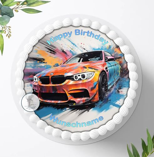 Tortenbild, Zuckerbild Auto, zum Geburtstag Personalisiert mit oder ohne Wunschnamen, Essbares Foto für Torten, Tortenbild zum Geburtstag, Tortenaufleger Ø 20cm - 1928z