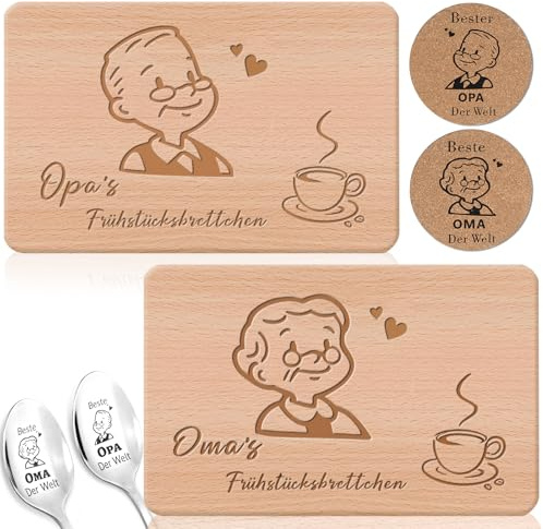 Charfia Oma Und Opa Geschenke, 6 Stück Geschenke Geschenk Für Oma Und Opa Frühstücksbrettchen Kaffeelöffel Untersetzer Weihnachtsgeschenke Großeltern
