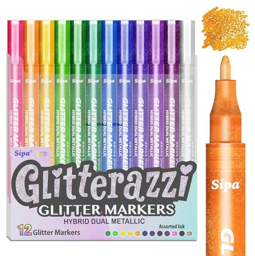 Sipa Glitter Paint Markers for Colouring, 1mm Metallic Paint Pens,Gifts for Card Making, Scrapbooking,Glass, Canvas, Wood, Ceramic, Fabric DIY Painting, Non Toxic, Low odor, Adults & Kid