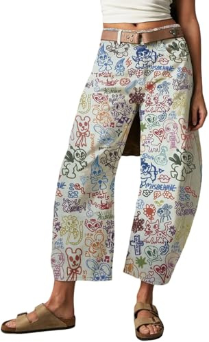 loveimgs Jean Baggy pour Femme - Taille Moyenne - Imprimé - Pantalon en Jean à Jambe Large - Style Hippie 2025, Dessin animé., Taille M