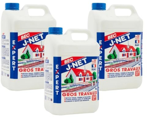 Nettoyant J-net Bec Gros Travaux 15l - Détruit dépôts vert & noirceurs - Nettoyant Puissant multi-surface - Redonne aux façades, toitures, sols leurs état d’origine - Made in France.