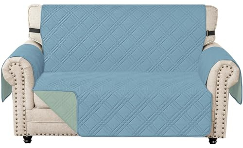 Ystyle Copridivano 2 Posti Con Braccioli, Reversibile Copri Divano Antigraffio Per Gatto Gatto, Copertura Divano Trapuntato Doppio Lato, Universale Sofa Cover, Blu Chiaro + Verde Chiaro