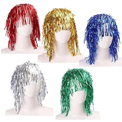 LTHERMELK 6 Stück Lametta Perücken Metallic Glitzer Set - Bunte Farben Party Perücken für Karneval Fasching Cosplay Kostüm - Weihnachten Silvester Rave Accessoires für Erwachsene