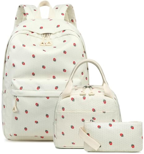 Bluboon Teen Girls School Backpack Kids Bookbag Set with Lunch Box Pencil Case Travel Laptop Backpack Casual Daypacks (Strawberry beige base)