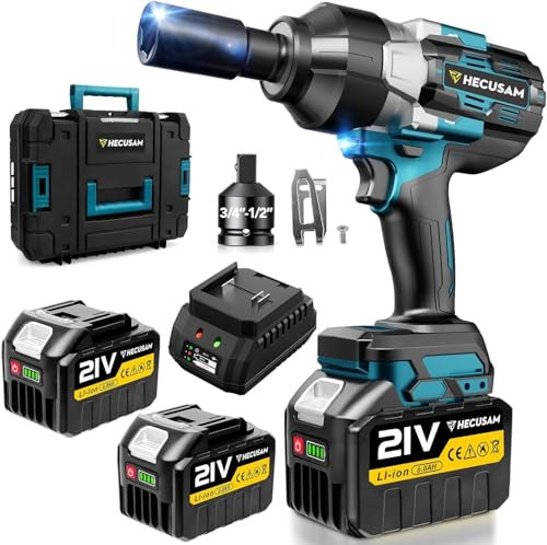 HECUSAM 2100 N.m Akku Schlagschrauber, 3/4 Bürstenloser Motor Schlagschrauber mit zwei Batterie,1/2-Zoll-Adapter, Drehschlagschrauber und Fall für Haus und schwerer Maschinen