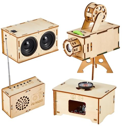 Fangxuee 4 Set of Wooden Puzzle DIY Craft Kit Speaker Radio Gramophone Projector Soldering Practice DIY Electronic Kits