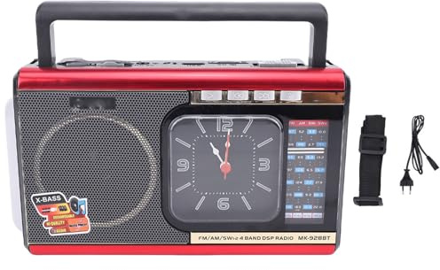 VELATEMOR Bluetooth -Lautsprecher Radio, Retro -Lautsprecher Radio, Multifunktional Tragbares AM -FM SW -Radio mit Uhr und Taschenlampe (Rot)