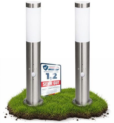 linovum BOSEA-B Standleuchte 2er Set Edelstahl E27 Bewegungsmelder IP44 | Zwei Standleuchten mit Bewegungs- & Dämmerungssensor - Edelstahl, für E27, IP44, für Wege, Terrasse & Eingang, ohne Birne