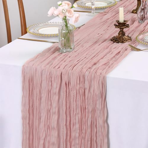 Käsetuch Tischläufer Tüll Rosa, 90 x 300cm Boho Gaze Tischläufer Cheesecloth Musselin Dekostoff Läufer für Hochzeit, Geburtstagsfeiern, Babypartys, Weihnachten und Silvester von Tisch Dekoration