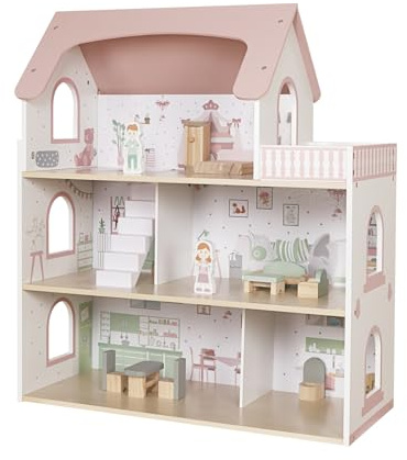 Grande Maison de Poupées en Bois Rose avec 14 Pièces d'Accessoires | Villa de 3 Étages avec Meubles et Figurines | Maison de Poupées pour Enfants à partir de 3 Ans en MDF et Bois de Pin
