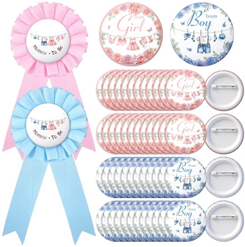 Riceshoot 52 Pcs Baby Clothes Gender Reveal Decorations 50 Overalls Dresses Gender Reveal Button Pins with 2 Daddy or Mommy to be Tinplate Badge Pin Team Boy Girl Party Favors for Baby Shower Party