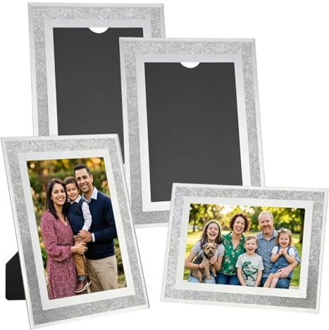 4 PCS 4 x 6 in Silver Crystal Photo Frames, Silver Sparkle Glass Picture Frames for Tabletop Display, Decorative Glitter Frame Set for Wedding Family Portraits