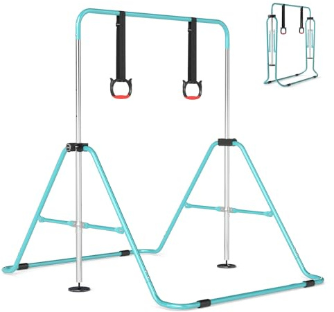GYMAX Gymnastik Turnreck Indoor, faltbares Gymnastikstange mit Ringen & Verstellbarer Höhen, Turnstange Kinder, Reckstange, Heimtrainingsgerät für 3-12 Jahre alte Kinder