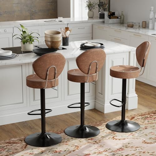 Youhauchair Barhocker 3er Set, Braun | 8 cm dicken Sitz, 360 drehbare, mit Rückenlehne, Höhenverstellbarer, Kunstleder