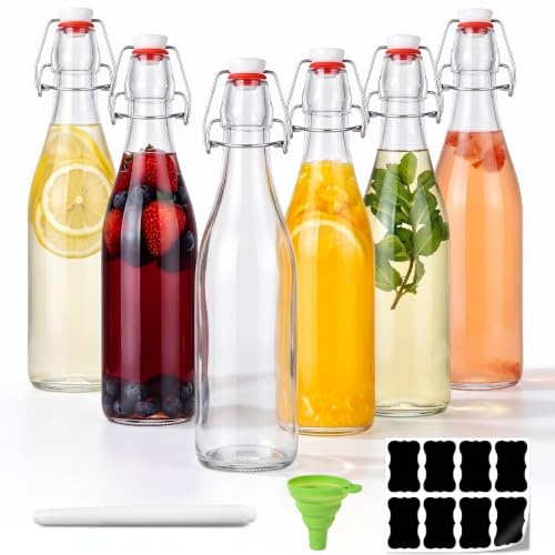 Koimiao 6 Pcs 500ml/17oz Glass Bottles with Stoppers, Airtight Seal for Preserving Water,Vinegar Cooking Oil, Homemade Juices, Brewed Beer, Condiments, and Fermented Kombucha