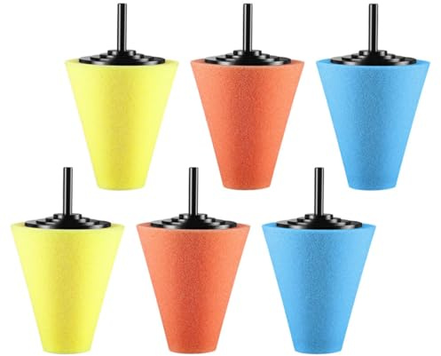 Abaodam Kit de 6 Piezas Esponjas Cónicas para Pulir Ruedas de Coche, Almohadillas de Pulido para Taladro, Colores Naranja, Amarillo y Azul, Accesorio Multifuncional para Buffer Detallado