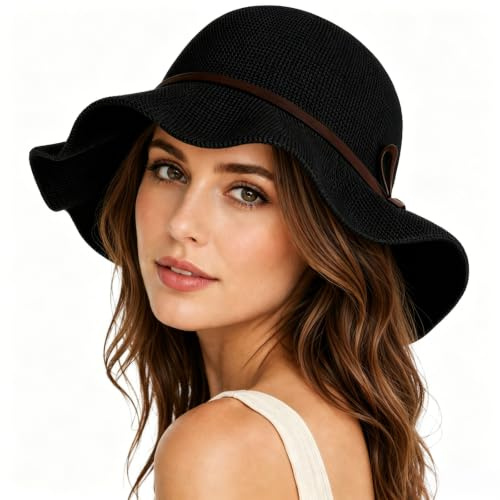 Sombrero de Sol Mujer Sombrero de Playa de ala Ancha Sombreros UV Protección Verano Plegable con Decoración de Lazo Elegante Sun Hat Fácil de Guardar