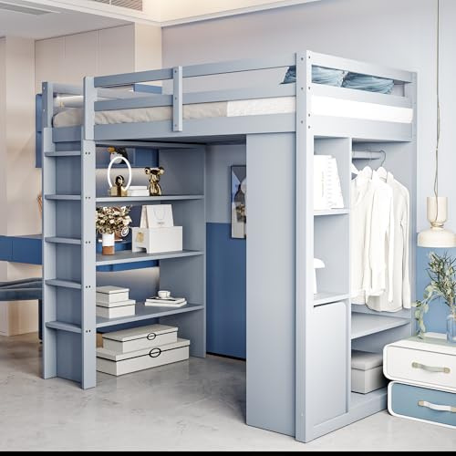 Hmdpoo Cama Alta Infantil 90x200 cm de Madera de Pino Gris con Estantes, Colgadores, Cajones y Carro Organizador Extraíble