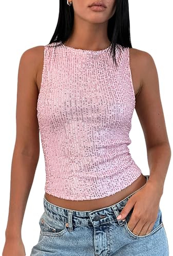 Women's Sequin Tank Tops Sleeveless Crew Neck Glitter Slim Fit Vest Y2K Glitter Tops for Club Party