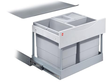 Hailo Abfallsammler 3644831 | 3-fach Raumspar Tandem Mülleimer | 2x 8.5 + 12L Abfalleimer | Ausfahrautomatik integriert | Mülltrennsystem ab 60 cm Unterschrank | Passend für Drehtür | Hellgrau