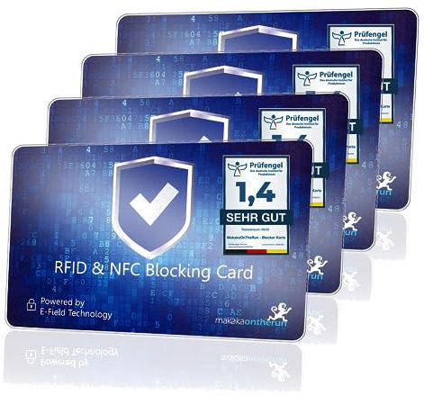 MakakaOnTheRun 4X RFID Blocker Karte (3fach geprüft: DEKRA + EMV + HF-Labor), 360° Schutzkarte für Geldbörse, NFC Blocker Karte - Schutzkarte gegen Datenklau - RFID Blocker Card