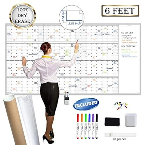 Large Reusable Dry Erase Yearly Wall Calendar - Jumbo Premium Laminated 12 month Task Organizer - 38x72 Undated Annual Planner for Home, Office, School Projects
