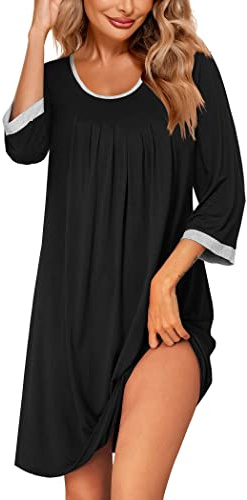 Ekouaer Womens Nightgown Half Sleeve Sleepwear Loose Sleeves Modal Nightgown for Women,Black L