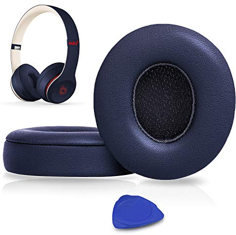 SoloWIT Earpads Cushions Replacement for Beats Solo 2 & Solo 3 Wireless On-Ear Headphones, Ear Pads with Soft Protein Leather, Added Thickness - (Navy Blue)