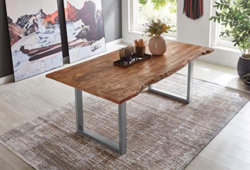SAM Esstisch Dora 220x100 cm Mangoholz Baumkante U-Gestell Silber | Baumkantentisch massiv, naturfarben lackiert, 26 mm Tischplatte, Metallgestell