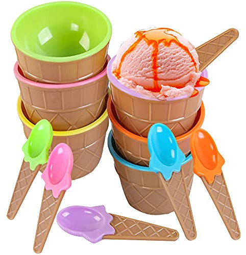 Cuenco para Helado con Cucharas, ZoneYan 6 Piezas Cuenco de Plástico para Helado, Cuencos de Helado para Niños, Cuenco de Helado Colorido, Tazón Helado, Reutilizable y Apilable