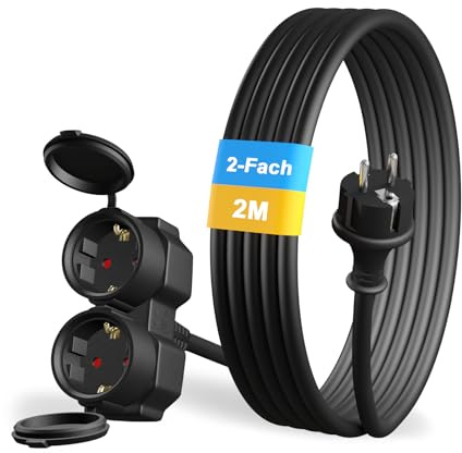 YIDE Verlängerungskabel 2m mit 2 Schuko-Steckdosen Outdoor, Doppel-Verlängerung für den Außenbereich IP44, 2 Schutzkontakt Buchsen, Gummi Stromkabel außen 3500 W, 2-Fach Verteiler mit Schutzkappe