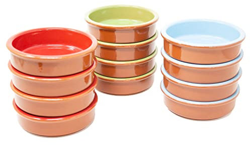ToCi 12 cuencos coloridos para tapas de 11,5 cm de diámetro, cuencos de arcilla española de 175 ml, para tapas, aperitivos, crema brûlée y platos de horno