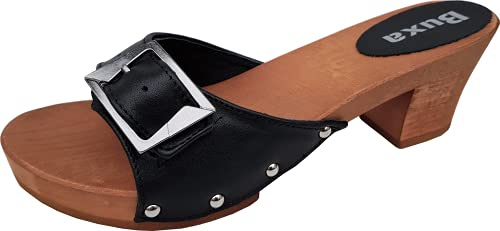 Generisch Elegante Schweden Holz Clogs - Gr.36-37-38-39-40-41 *SCHWARZ* Echt Leder Schuhweite NORMAL