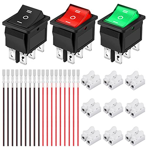 Xiatiaosann 3 Stück Kippschalter AC 16A/250V 20A/125V DPDT Ein/Aus/Ein 3 Farben (Schwarz/Rot/Grün) 6 poliger 3 Positionen LED Licht Selbsthemmung Wippschalter mit Crimpdraht, Drahtverbinder