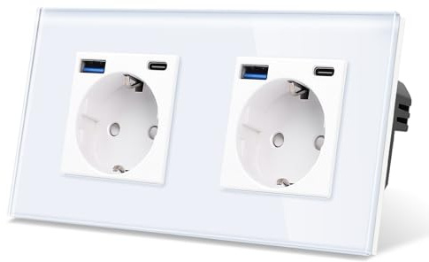 CNBINGO Steckdose mit 2x USB-C/A, 20W Schnellladen, 2-Fach Weiß Glas | Schuko Steckdose Unterputz mit USB-Schnellladung, Wandsteckdose mit Kindersicherung, Horizontal oder Vertikal, Glasrahmen