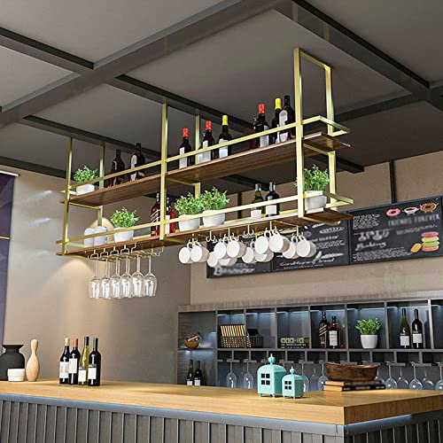 KEPMOGOH Deckenregal Weinregal mit Glashalter, Schwebendes Hängeregal 2-Lagiger Industrieller Hängender Weinflaschenhalter, Schwarzes Metall-Deckenregal für Bar-Café-Küche (Gold, 80×30×80cm)