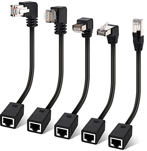 Cat 6 Ethernet Extension Cable 5 Pack，Multiple Angles（UP/Down/Left/Right/Straight）, Cat6 RJ45 Network LAN Patch Cord Adapter, FTP Shielded Male to Female Connector, Supports CAT5E/CAT5-0.6 Feet