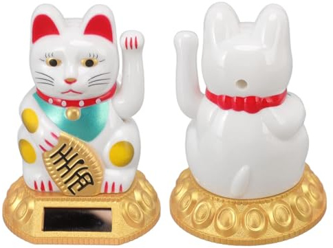 Cyrank Winkekatze, Chinese Lucky Cat, Lucky Fortune Cat Solarbetriebene Japanische Glückskatze Mit Winkearm Fengshui Lucky Cat Schwingarm Für Auto, Desktop, Geschäftseröffnungen(Weiss)