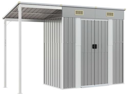 vidaXL Garden Shed - Galvanised Steel Construction with Extended Firewood Roof, Ample Storage Space, Ventilation and Convenient Access Handles - Light Grey