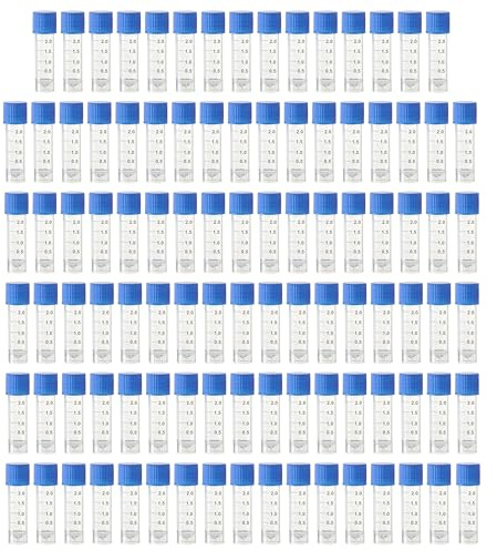 HUAZIZ 100 Stück 2ml Gefrierröhrchen Blue mit Deckel und Abgestuften Markierungen, Kunststoff Kryoröhrchen Reagenzglasprobe Reagenzglas Reagenzgläser Probierrohr für Labor