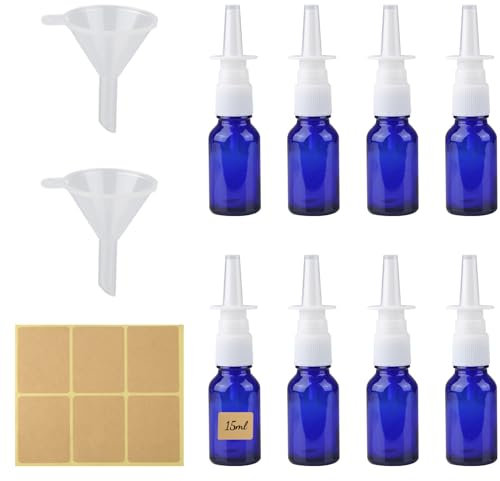GUOYIHUA Lot de 8 flacons de spray nasal vides - 15 ml - En verre - Rechargeable - Avec 2 entonnoirs et 6 étiquettes vierges - Pour parfum, huiles essentielles, eau salée