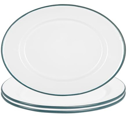 Argon Tableware Enamel Serving Platters with Green Rims - Pack of 3-30.5 x 22.5cm White Enamel Rectangular Serving Board Food Trays for Food, Drinks at Picnics, Camping, Travels
