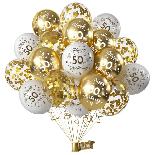 Yiran 50. Geburtstag Deko für Frauen und Männer - 15 Stück Luftballons Weiß Gold, Happy 50th Birthday Ballons, Konfetti für Party Dekoration